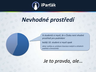 Nevhodné prostředí 
¾ studentů si myslí, že v Česku není vhodné 
prostředí pro podnikání 
každý 10. student si myslí opak ...
