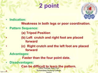 2 point
• Indication:
Weakness in both legs or poor coordination.
• Pattern Sequence:
(a) Tripod Position
• (b) Left crutch and right foot are placed
forward
• (c) Right crutch and the left foot are placed
forward
Advantages:
Faster than the four point date.
• Disadvantages:
Can be difficult to learn the pattern.
•
Litha Thomas, Asst Prof,
Sumandeep Nursing College,
 