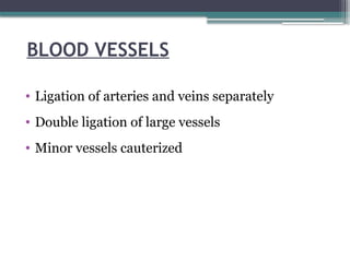 BLOOD VESSELS
• Ligation of arteries and veins separately
• Double ligation of large vessels
• Minor vessels cauterized
 