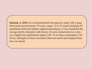 Jokstad, A, 2014: In a well-performed retrospective study with a large
observation period (mean: 19 years; range: 12 to 32 years) including 30
mandibular full-arch implant supported prostheses, it was found that the
average misfit of patients with history of screw-related adverse events
was slightly but significantly higher (169 32 m) than counterparts (134
30 m), although no linear correlation between misfit and marginal bone
loss was found.
 
