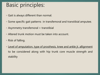 Basic principles:
◦ Gait is always different than normal.
◦ Some specific gait patterns in transfemoral and transtibial amputee.
◦ Asymmetry transfemoral > transtibial
◦ Altered trunk motion must be taken into account.
◦ Risk of falling.
◦ Level of amputation, type of prosthesis, knee and ankle jt. allignment
to be considered along with hip trunk core muscle strength and
stability
 