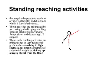 Standing reaching activities
• that require the person to reach to
a variety of heights and directions
within a functional context.
• These activities are progressed by
increasingly challenging reaching
limits in all directions, varying
foot position and decreasing UE
support.
• These early reaching activities are
prerequisites to very functional
goals such as reaching to high
shelves and lifting something of
substantial weight or picking up
a heavy object from the floor.
 