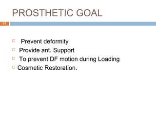 PROSTHETIC GOAL
 Prevent deformity
 Provide ant. Support
 To prevent DF motion during Loading
 Cosmetic Restoration.
31
 
