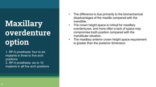 Maxillary
overdenture
option
42
1. RP-5 prosthesis: four to six
implants in three to five arch
positions
2. RP-4 prosthesis: six to 10
implants in all five arch positions
• The difference is due primarily to the biomechanical
disadvantages of the maxilla compared with the
mandible.
• The crown height space is critical for maxillary
overdentures, and more often a lack of space may
compromise tooth position compared with the
mandibular situation.
• The maxillary anterior crown height space requirement
is greater than the posterior dimension.
 