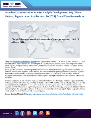 FollowUs:
Prosthetics and Orthotics Market Analysis Development, Key Driven
Factors, Segmentation And Forecast To 2025| Grand View Research,Inc
The global prosthetics and orthotics market size is expectedto reach USD 12.28 billionby2025, according to a new
report by Grand ViewResearch, Inc., exhibitinga 5.1% CAGR during the forecast period. Increasing incidence of
sports injuries,risingincidence of osteosarcoma, and expandinggeriatric populationbase are key factors driving
market growth.
Rising geriatric population across the globe has become one of the key factors driving demand for prosthetics and
orthotics. For instance, as per the United Nations, the number of people aged 60 years or over globally is expected
to more than double by 2050, increasing from 962 millionin2017 to 2.1 billionin2050. Geriatrics are more
susceptible to conditions such as osteoporosis and osteopenia,making them common users of various orthopedic
solutions.
Increasing incidence of osteosarcoma in young adults and childrenis also driving the market to a great extent.For
instance, Childrenwith Cancer UK, a member of the Association of Medical Research Charities (AMRC), reported that
osteosarcoma is the most common bone tumor in children and everyyear around 30 new cases in children are
diagnosed in U.K. Osteosarcoma is generallytreated with the help of chemotherapy, surgery, and radiation. Patients
recovering from this surgery generallyneedorthopedic devicesand prosthetics as a part of post-surgery treatment,
which is slated to drive the market in the upcoming years.
Browse Details of Report @ http://www.grandviewresearch.com/industry-analysis/prosthetics-orthotics-market
“The global prostheticsand orthoticsmarket size was estimated at USD 8.15
billion in 2017.
 