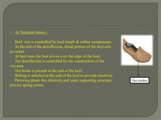  At Terminal stance:-
 Heel rise is controlled by keel length & rubber components.
 At the end of the dorsiflexion, distal portion of the keel acts
as rocker.
 At heel rises the foot pivots over the edge of the keel,
 Toe dorsiflexion is controlled by the construction of the
toe area.
 Toe break is present at the end of the keel,
 Belting is attached at the end of the keel to provide elasticity.
 Preswing phase this elasticity and inner supporting structure
provise spring action.
Toe rocker
 