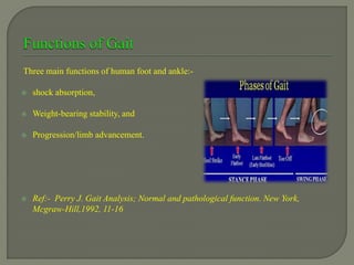 Three main functions of human foot and ankle:-
 shock absorption,
 Weight-bearing stability, and
 Progression/limb advancement.
 Ref:- Perry J. Gait Analysis; Normal and pathological function. New York,
Mcgraw-Hill,1992, 11-16
 