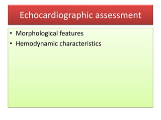 Echocardiographic assessment
• Morphological features
• Hemodynamic characteristics
 