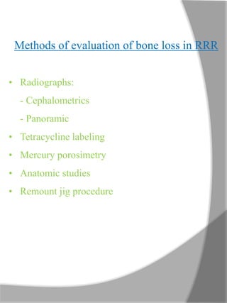 Methods of evaluation of bone loss in RRR
• Radiographs:
- Cephalometrics
- Panoramic
• Tetracycline labeling
• Mercury porosimetry
• Anatomic studies
• Remount jig procedure
 