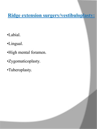 Ridge extension surgery/vestibuloplasty:
•Labial.
•Lingual.
•High mental foramen.
•Zygomaticoplasty.
•Tuberoplasty.
 