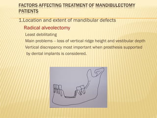 1.Location and extent of mandibular defects
Radical alveolectomy
Least debilitating
Main problems – loss of vertical ridge height and vestibular depth
Vertical discrepancy most important when prosthesis supported
by dental implants is considered.
 