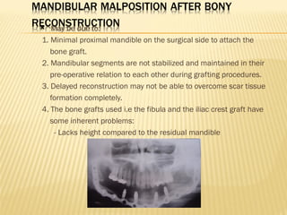  May be due to:
1. Minimal proximal mandible on the surgical side to attach the
bone graft.
2. Mandibular segments are not stabilized and maintained in their
pre-operative relation to each other during grafting procedures.
3. Delayed reconstruction may not be able to overcome scar tissue
formation completely.
4. The bone grafts used i.e the fibula and the iliac crest graft have
some inherent problems:
- Lacks height compared to the residual mandible
 