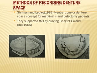  Shifman and Lepley(1982):Neutral zone or denture
space concept for marginal mandibulectomy patients.
 They supported this by quoting Fish(1933) and
Brill(1965)
 