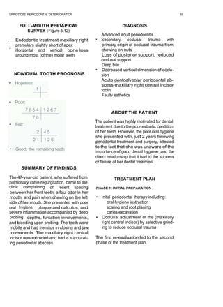 UNNOTICED PERIODONTAL DETERIORATION                                                            55


      FULL-MOUTH PERIAPICAL                                  DIAGNOSIS
         SURVEY (Figure 5.12)
                                                  Advanced adult periodontitis
•    Endodontic treatment-maxillary right     •   Secondary occlusal trauma with
     premolars slightly short of apex             primary origin of occlusal trauma from
*    Horizontal and vertical bone loss            chewing on nuts
     around most (of the) molar teeth             Loss of posterior support, reduced
                                                  occlusal support
                                                  Deep bite
                                              •   Decreased vertical dimension of occlu-
    I NDIVIDUAL TOOTH PROGNOSIS                   sion
                                                  Acute dentoalveolar periodontal ab-
                                                  scess-maxillary right central incisor
                                                  tooth
                                                  Faultv esthetics



                                                       ABOUT THE PATIENT

                                              The patient was highly motivated for dental
                                              treatment due to the poor esthetic condition
                                              of her teeth. However, the poor oral hygiene
                                              she presented with, just 2 years following
                                              periodontal treatment and surgery, attested
                                              to the fact that she was unaware of the
                                              importance of good dental hygiene, and the
                                              direct relationship that it had to the success
                                              or failure of her dental treatment.
       SUMMARY OF FINDINGS

The 47-year-old patient, who suffered from               TREATMENT PLAN
pulmonary valve regurgitation, came to the
clinic complaining of recent spacing          PHASE 1: INITIAL PREPARATION
between her front teeth, a foul odor in her
mouth, and pain when chewing on the left      •   Initial periodontal therapy including:
side of her mouth. She presented with poor            oral hygiene instruction
oral hygiene, plaque and calculus, and                scaling and root planing
severe inflammation accompanied by deep               caries excavation
probing depths, furcation involvements,       •   Occlusal adjustment of the (maxillary
and bleeding upon probing. The teeth were         right central incisor) by selective grind-
mobile and had fremitus in closing and jaw        ing to reduce occlusal trauma
movements. The maxillary right central
i ncisor was extruded and had a suppurat-     The first re-evaluation led to the second
i ng periodontal abscess.                     phase of the treatment plan.
 
