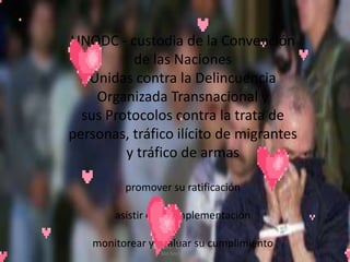 UNODC - custodia de la Convención
          de las Naciones
   Unidas contra la Delincuencia
    Organizada Transnacional y
  sus Protocolos contra la trata de
personas, tráfico ilícito de migrantes
         y tráfico de armas

         promover su ratificación

       asistir en su implementación

   monitorear y evaluar su cumplimiento
            Cerón Daira - Díaz Carolina
                6to Sociales
 