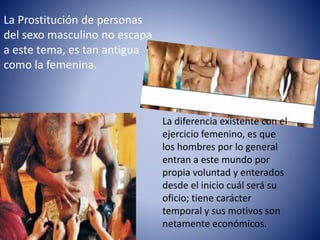 La Prostitución de personas 
del sexo masculino no escapa 
a este tema, es tan antigua 
como la femenina. 
La diferencia existente con el 
ejercicio femenino, es que 
los hombres por lo general 
entran a este mundo por 
propia voluntad y enterados 
desde el inicio cuál será su 
oficio; tiene carácter 
temporal y sus motivos son 
netamente económicos. 
 