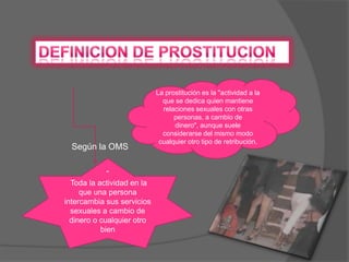 DEFINICION DE PROSTITUCIONLa prostitución es la "actividad a la que se dedica quien mantiene relaciones sexuales con otras personas, a cambio de dinero", aunque suele considerarse del mismo modo cualquier otro tipo de retribución.Según la OMS“Toda la actividad en la que una persona intercambia sus servicios sexuales a cambio de dinero o cualquier otro bien 