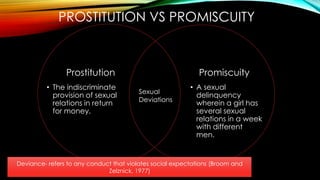 PROSTITUTION VS PROMISCUITY

Prostitution
• The indiscriminate
provision of sexual
relations in return
for money.

Promisc...