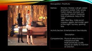 Occupation : Prostitute

Names:

Women: Hooker, call girl, oldest
profession worker, hoe, whore
harlot, trollop, strumpet,...