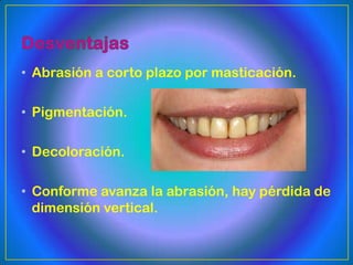 • Abrasión a corto plazo por masticación.

• Pigmentación.

• Decoloración.

• Conforme avanza la abrasión, hay pérdida de
  dimensión vertical.
 