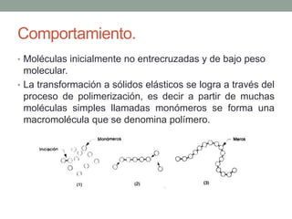 Comportamiento.
• Moléculas inicialmente no entrecruzadas y de bajo peso
molecular.
• La transformación a sólidos elásticos se logra a través del
proceso de polimerización, es decir a partir de muchas
moléculas simples llamadas monómeros se forma una
macromolécula que se denomina polímero.
 