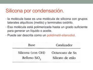 Silicona por condensación.
• la molécula base es una molécula de silicona con grupos
laterales alquílicos (metilo) y terminales oxidrilo.
• Esa molécula está polimerizada hasta un grado suficiente
para generar un líquido o aceite.
• Puede ser descrita como un polidimetil-silanodiol.
 