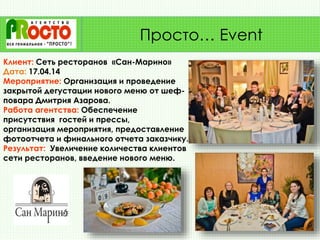 Клиент: Сеть ресторанов «Сан-Марино»
Дата: 17.04.14
Мероприятие: Организация и проведение
закрытой дегустации нового меню от шеф-
повара Дмитрия Азарова.
Работа агентства: Обеспечение
присутствия гостей и прессы,
организация мероприятия, предоставление
фотоотчета и финального отчета заказчику.
Результат: Увеличение количества клиентов
сети ресторанов, введение нового меню.
Просто… Event
 