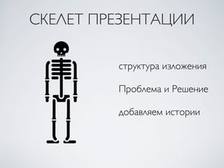 структура изложения
Проблема и Решение
добавляем истории
СКЕЛЕТ ПРЕЗЕНТАЦИИ
 