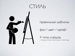 правильные шаблоны
фон / цвет / шрифт
4 типа слайдов,
с помощью которых можно раскрыть любую идею
СТИЛЬ
 