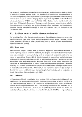 15
The purpose of the PROSUL project with regards to the cassava value chain is to increase the quality
of the product and yield (PROSUL, 2016). This will be done by i) introducing improved varieties of
cassava, ii) strengthening farmer organisations, iii) promoting outgrower schemes, and iv) improving
farmers’ access to support services. The project plans to positively impact 8000 smallholder farmers
with a cultivation area of ~2800 hectares (PROSUL, 2016). The Lead Service Provider in this value
chain is the SNV/Mahlahle Consortium. The target areas in the cassava value chain tend to be far
from markets, thus the marketing and commercial aspects of the product are less important than
improving the food security of households in those districts where PROSUL is implementing the
cassava value chain.
1.5. Additional factors of consideration to the value chains
The sensitivity of the value chains to climate change is affected by other issues that concern the
stakeholders within these value chains, particularly gender and land tenure. Separate thematic
studies have been conducted to understand the implications of gender and land tenure issues on
PROSUL activities and planning.
1.5.1. Gender issues
While important progress has been made on increasing the political representation of women, as
well as improving access to education and health, less progress has been made on improving the
socio-economic status of women, including levels of employment, agricultural productivity and
income in Mozambique (Tvedten, 2011). Gender inequality in Mozambique results in increased
vulnerability to environmental challenges such as severe climatic variability – women do not have
access to the same resources as men do, which has implications for the climate resilience of the
family unit. A gendered response to climate change and development challenges is therefore
necessary, as it has been shown that increasing the social and economic standing of women results
in increased wealth of households. Additionally, it has been shown elsewhere (for example in
Zambia) that women tend to introduce changes to agricultural methods, such as adaptations to
climate change, faster than men (Arslan et al., 2013).
1.5.2. Land tenure
In Mozambique, all land is owned by the state. Land use rights can however be held by people and
organisations. The regularisation of land tenure and land registration is the purpose of the Direito de
Uso e Aproveitamento de Terra or DUAT (Right to use and Benefit of Land). DUATs are necessary
because of increasing competition for land. Land grabbing in some areas has led to the loss of
livelihoods by local communities. There is also a significant problem around land access and
production efficiency. People with large amounts of land held under DUAT have a higher efficiency
 
