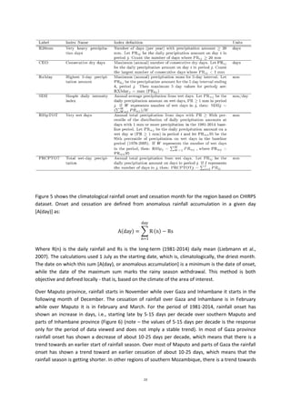 23
Figure 5 shows the climatological rainfall onset and cessation month for the region based on CHIRPS
dataset. Onset and cessation are defined from anomalous rainfall accumulation in a given day
[A(day)] as:
( ) ∑ ( )
Where R(n) is the daily rainfall and Rs is the long-term (1981-2014) daily mean (Liebmann et al.,
2007). The calculations used 1 July as the starting date, which is, climatologically, the driest month.
The date on which this sum [A(day), or anomalous accumulation] is a minimum is the date of onset,
while the date of the maximum sum marks the rainy season withdrawal. This method is both
objective and defined locally - that is, based on the climate of the area of interest.
Over Maputo province, rainfall starts in November while over Gaza and Inhambane it starts in the
following month of December. The cessation of rainfall over Gaza and Inhambane is in February
while over Maputo it is in February and March. For the period of 1981-2014, rainfall onset has
shown an increase in days, i.e., starting late by 5-15 days per decade over southern Maputo and
parts of Inhambane province (Figure 6) (note – the values of 5-15 days per decade is the response
only for the period of data viewed and does not imply a stable trend). In most of Gaza province
rainfall onset has shown a decrease of about 10-25 days per decade, which means that there is a
trend towards an earlier start of rainfall season. Over most of Maputo and parts of Gaza the rainfall
onset has shown a trend toward an earlier cessation of about 10-25 days, which means that the
rainfall season is getting shorter. In other regions of southern Mozambique, there is a trend towards
 
