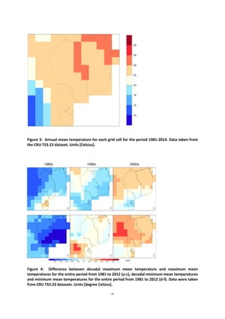 25
Figure 3: Annual mean temperature for each grid cell for the period 1981-2014. Data taken from
the CRU TS3.23 dataset. Units [Celsius].
Figure 4: Difference between decadal maximum mean temperature and maximum mean
temperatures for the entire period from 1981 to 2012 (a-c), decadal minimum mean temperatures
and minimum mean temperatures for the entire period from 1981 to 2012 (d-f). Data were taken
from CRU TS3.23 datasets. Units [degree Celsius].
 
