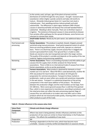 41
to the variety used, soil type, age of the plant at harvest and the
distribution of rainfall through the rainy season. Drought -resistant stock
(sizankara) is bitter (higher cyanide content) and takes 18 months to
mature. Shinambe (inkusi) grows faster (in 1 year) but root stock is
relatively poor. Poor weeding practices reduces growth and yield
substantially. The differences in plant vigour between CMD-inficted
cassava in weed-bound fields and disease-free and well-weeded fields is
substantial. Weeding is done manually. There are no fertiliser inputs or
irrigation. The existence of diseased cassava in close proximity to disease-
free varieties offers pathways for the spread of disease, some farmers are
reluctant to remove their stocks.
Harvesting Small-holder farmers: Mostly by the plot owner, but additional labour can
assist.
Post-harvest and
processing
Farmer Associations: The produce is washed, shaved, chipped, pressed
and dried using manual processes. Small petrol-powered motors (in which
there are servicing problems) power small mills, operate on a demand
basis. There is no electricity supply. Ground cassava flour is bagged and
stored in granulated form (rale). Finer ground flour is made to order.
Stocks are stored on site, but transported and sold in the larger centres.
The quality of the product is variable and depends on the quality of the raw
material, hygiene and processing capabilities.
Marketing Farmer Associations: There is no branding of product and little ability to get
cassava into the supply chain of other products for these farmer
associations. There is little to no international trade of cassava from these
farmer associations, as far as can be ascertained.
Retail Farmers Associations: Most product is destined for domestic or local
market use in its raw form. About 40-45% is used domestically, another 40-
45% raw product for local market use and about 10-15% goes for
preparation for commercial products. Transport to these markets is
problematic, roads are poor (often very sandy) and sometimes impassable
in the wet season. Transport is a substantial proportion of the pricing
components in the retail value addition of the product. The distance
between the production villages and the retail markets can be large, from
10–100+kms. More coarse-ground cassava flour is sold than fine-grained
flour, which is more expensive to manufacture, according to producers, and
the retail price does not reflect the extra processing required. Bags of
cassava flour are sold locally or to traders who may offer cash or other
products which do not necessarily trade quickly, meaning sellers must stock
other products as part of the trade.
Table 8: Climate influences in the cassava value chain
Value Chain
Component
Climate and climate change influences
Inputs Where new stock is being planted, climatic influences and limits on the
production of new stock are similar to those listed below in the Production
section. This affects the availability of new stock.
Preparation NA
Production Planting is dependent on the first rains, which have become more
unreliable. Cassava is entirely rainfed and dependent on seasonal climate.
 