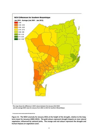49
Figure 11: The NDVI anomaly for January 2016 at the height of the drought, relative to the long-
term mean for Januarys (2001-2015). The gold colours represent drought impacts on near natural
vegetation, influenced by national parks. The orange and red colours represent the drought and
human impacts on vegetation cover.
 