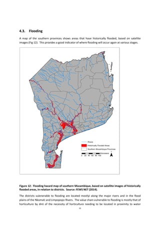 50
4.3. Flooding
A map of the southern provinces shows areas that have historically flooded, based on satellite
images (Fig 12). This provides a good indicator of where flooding will occur again at various stages.
Figure 12: Flooding hazard map of southern Mozambique, based on satellite images of historically
flooded areas, in relation to districts. Source: FEWS NET (2014).
The districts vulenerable to flooding are located mostlyi along the major rivers and in the flood
plains of the Nkomati and Limpopopo Rivers. The value chain vulnerable to flooding is mostly that of
horticulture by dint of the necessity of horticulture needing to be located in proximity to water
 