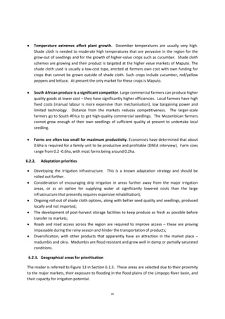 69
 Temperature extremes affect plant growth. December temperatures are usually very high.
Shade cloth is needed to moderate high temperatures that are pervasive in the region for the
grow-out of seedlings and for the growth of higher-value crops such as cucumber. Shade cloth
schemes are growing and their product is targeted at the higher value markets of Maputo. The
shade cloth used is usually a low-cost type, erected at farmers own cost with own funding for
crops that cannot be grown outside of shade cloth. Such crops include cucumber, red/yellow
peppers and lettuce. At present the only market for these crops is Maputo.
 South African produce is a significant competitor. Large commercial farmers can produce higher
quality goods at lower cost – they have significantly higher efficiencies. Local farmers have high
fixed costs (manual labour is more expensive than mechanisation), low bargaining power and
limited technology. Distance from the markets reduces competitiveness. The larger-scale
farmers go to South Africa to get high-quality commercial seedlings. The Mozambican farmers
cannot grow enough of their own seedlings of sufficient quality at present to undertake local
seedling.
 Farms are often too small for maximum productivity. Economists have determined that about
0.6ha is required for a family unit to be productive and profitable (DNEA interview). Farm sizes
range from 0.2 -0.6ha, with most farms being around 0.2ha.
6.2.2. Adaptation priorities
 Developing the irrigation infrastructure. This is a known adaptation strategy and should be
rolled out further.
 Consideration of encouraging drip irrigation in areas further away from the major irrigation
areas, or as an option for supplying water at significantly lowered costs than the large
infrastructure that presently requires expensive rehabilitation);
 Ongoing roll-out of shade cloth options, along with better seed quality and seedlings, produced
locally and not imported;
 The development of post-harvest storage facilities to keep produce as fresh as possible before
transfer to markets;
 Roads and road access across the region are required to improve access – these are proving
impassable during the rainy season and hinder the transportation of products;
 Diversification, with other products that apparently have an attraction in the market place –
madumbis and okra. Madumbis are flood resistant and grow well in damp or partially saturated
conditions.
6.2.3. Geographical areas for prioritisation
The reader is referred to Figure 13 in Section 6.1.3. These areas are selected due to their proximity
to the major markets, their exposure to flooding in the flood plains of the Limpopo River basin, and
their capacity for irrigation potential.
 