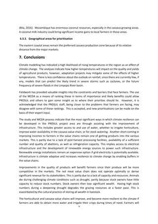 74
(Bila, 2016). Mozambique has enormous coconut resources, especially in the cassava growing areas.
A coconut milk industry could bring significant income gains to local farmers in those areas.
6.3.3. Geographical areas for prioritisation
The eastern coastal areas remain the preferred cassava production zone because of its relative
distance from the major markets.
7. Conclusions
Climate modelling has indicated a high likelihood of rising temperatures in the region as an effect of
climate change. The analyses indicate how higher temperatures will impact on the quality and yields
of agricultural products, however, adaptation projects may mitigate some of the effects of higher
temperatures. There is less confidence about the outlook on rainfall, since there are currently few, if
any, models that can predict the likely trend in severe storms such as cyclones, or the future
frequency of severe floods in the Limpopo River basin.
Fieldwork has provided valuable insights into the constraints and barriers that face farmers. The use
of the MCDA as a means of ranking these in terms of importance and likely benefits could allow
PROSUL and others to gain some insight as to where their priorities should lie. However, it is
acknowledged that the PROSUL staff, being closer to the problems that farmers are facing, may
disagree with some of these rankings. This is accepted, and new prioritisations can be made on the
basis of their expert input.
The study and MCDA process indicate that the most significant ways in which climate resilience can
be developed in the PROSUL project area are through assisting with the improvement of
infrastructure. This includes greater access to and use of water, whether to irrigate horticulture,
improve water availability in the cassava value chain, or for stock watering. Another short-coming in
improving incomes to farmers in the value chains remain one of getting products into the various
markets. This is partly due to a lack of post-harvest processing facilities, availability of a sufficient
number and quality of abattoirs, as well as refrigeration capacity. This implies access to electrical
infrastructure and the development of renewable energy sources to power such infrastructure.
Renewable energy installations remain an expensive option if grid electricity is potentially available.
Infrastructure is climate adaptive and increases resilience to climate change by enabling buffers in
the value chains.
Improvements in the quality of products will benefit farmers since their produce will be more
competitive in the markets. The red meat value chain does not operate optimally or derive
significant revenue for its stakeholders. This is partly due to a lack of capacity and resources. Animals
die during challenging climate conditions such as drought, partly because stock owners have little
capacity to reduce stock numbers. Stock owners then lose significant wealth. Having high stock
numbers during a deepening drought degrades the grazing resources at a faster pace. This is
exacerbated by the cultural practice of storing all wealth in livestock.
The horticultural and cassava value chains will improve, and become more resilient to the climate if
farmers are able to obtain more water and irrigate their crops during times of need. Farmers will
 