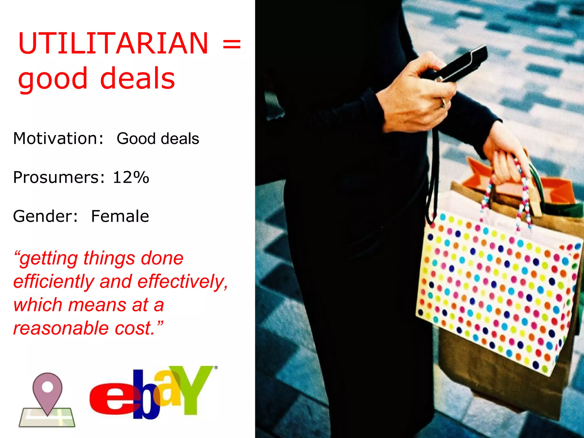 UTILITARIAN = good deals Motivation:  Good deals Prosumers: 12% Gender:  Female “ getting things done efficiently and effectively, which means at a reasonable cost.” 