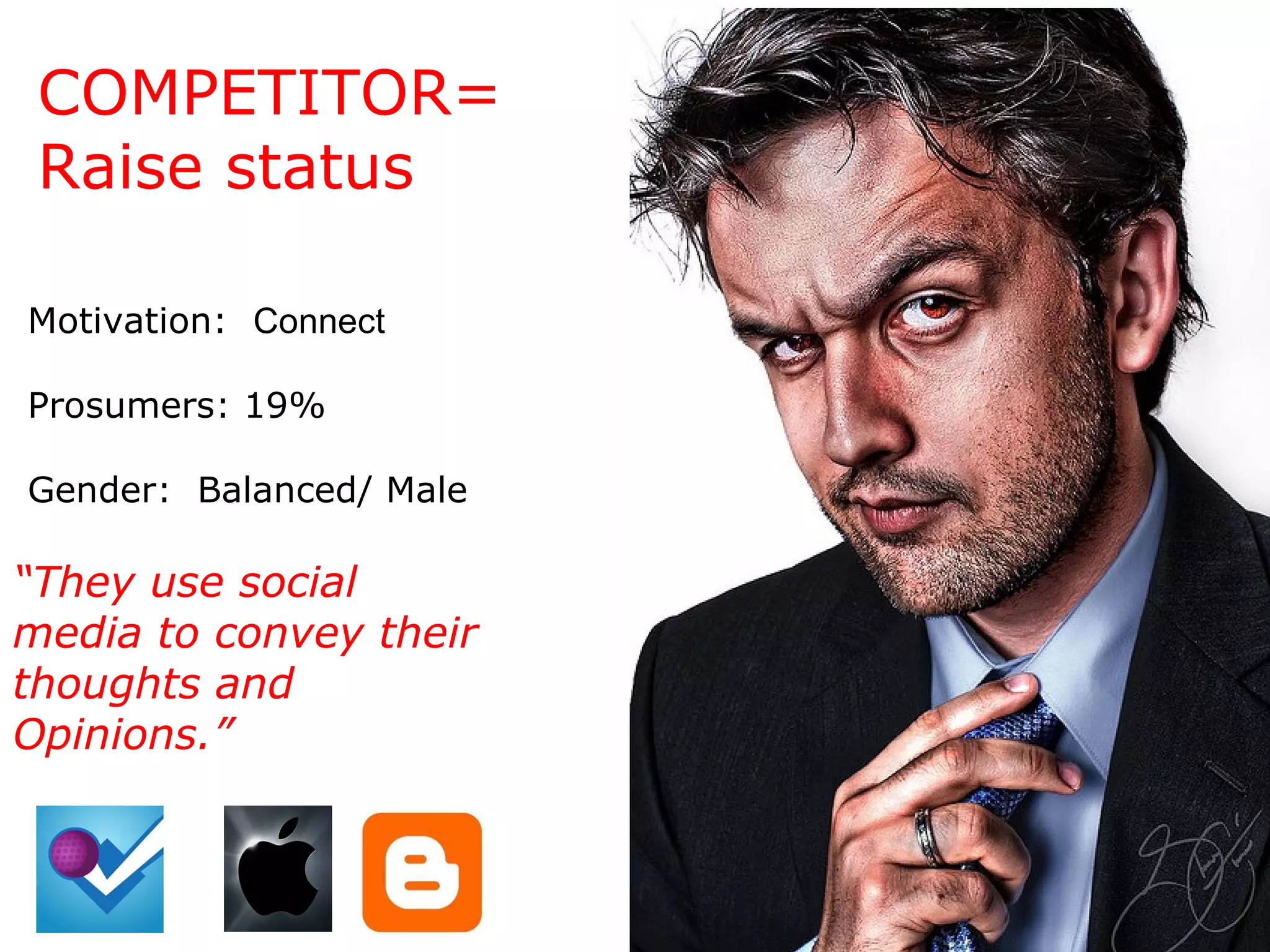 COMPETITOR= Raise status Motivation:  Connect Prosumers: 19% Gender:  Balanced/ Male “ They use social media to convey their thoughts and Opinions.” 