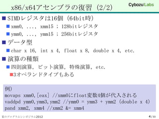 x86/x64アセンブラの復習（2/2）
 SIMDレジスタは16個（64bit時）
  xmm0, ..., xmm15 ; 128bitレジスタ
  ymm0, ..., ymm15 ; 256bitレジスタ
 データ型
  char x 16, int x 4, float x 8, double x 4, etc.
 演算の種類
  四則演算，ビット演算，特殊演算，etc.
  3オペランドタイプもある

 例）
 movaps xmm0,[eax] //xmm0にfloat変数4個が代入される
 vaddpd ymm0,ymm3,ymm2 //ymm0 = ymm3 + ymm2（double x 4）
 pand xmm2, xmm4 //xmm2 &= xmm4
夏のプログラムシンポジウム2012                                    4 / 33
 