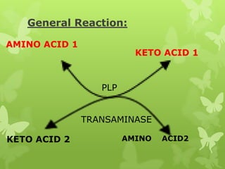 General Reaction:
AMINO ACID 1

KETO ACID 1

PLP
TRANSAMINASE
KETO ACID 2

AMINO

ACID2

 