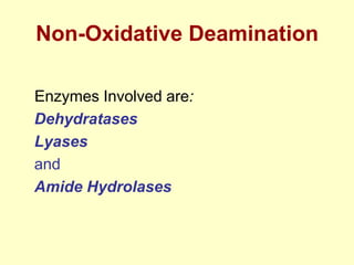 Non-Oxidative Deamination
Enzymes Involved are:
Dehydratases
Lyases
and
Amide Hydrolases

 