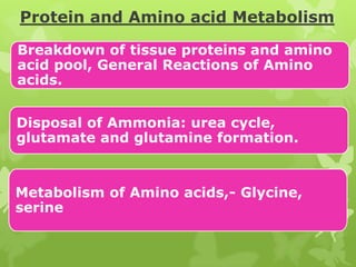 Protein and Amino acid Metabolism
Breakdown of tissue proteins and amino
acid pool, General Reactions of Amino
acids.

Disposal of Ammonia: urea cycle,
glutamate and glutamine formation.

Metabolism of Amino acids,- Glycine,
serine

 