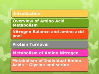 Introduction
Overview of Amino Acid
Metabolism
Nitrogen Balance and amino acid
pool

Protein Turnover
Metabolism of Amino Nitrogen

Metabolism of Individual Amino
Acids – Glycine and serine

 