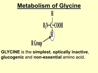 Metabolism of Glycine

H
H2N–C–COOH
H
R Group
GLYCINE is the simplest, optically inactive,
glucogenic and non-essential amino acid.

 
