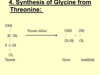 4. Synthesis of Glycine from
Threonine:
COOH
Threonine Aldolase

COOH

HC - NH2
H –C- OH
CH3
Threonine

CHO
+

CH2-NH2

Glycine

CH3

Acetaldehyde

 