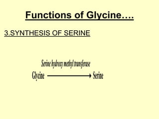 Functions of Glycine….
3.SYNTHESIS OF SERINE

Serine hydroxy methyl transferase

Glycine

Serine

 