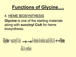 Functions of Glycine….
4. HEME BIOSYNTHESIS
Glycine is one of the starting materials
along with succinyl CoA for heme
biosynthesis.

Glycine + succinyl CoA

-Amino levulinic acid ( ALA) Heme
ALA synthase

 