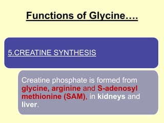 Functions of Glycine….

5.CREATINE SYNTHESIS

Creatine phosphate is formed from
glycine, arginine and S-adenosyl
methionine (SAM), in kidneys and
liver.

 