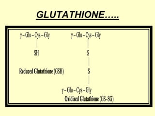 GLUTATHIONE…..
– Glu – Cys – Gly

– Glu – Cys – Gly

SH

S

Reduced Glutathione (GSH)

S
– Glu – Cys – Gly
Oxidized Glutathione (GS–SG)

 